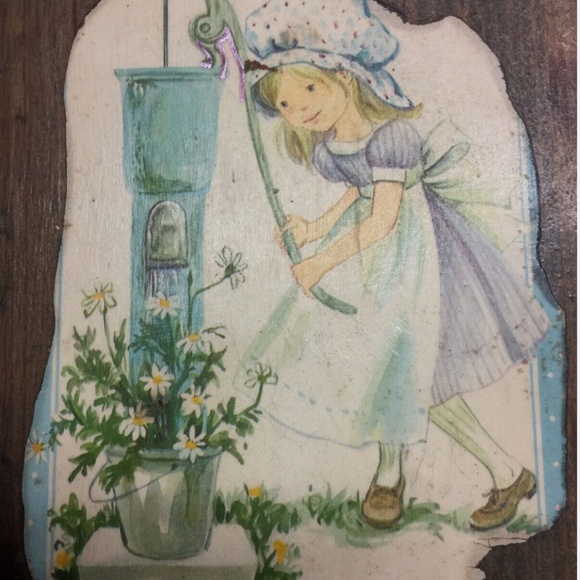 3/$32 VTG 70s Real Wood Wall Hanging Plaque/Holly Hobbie Girl Shabby Decoupage - Picture 3 of 8